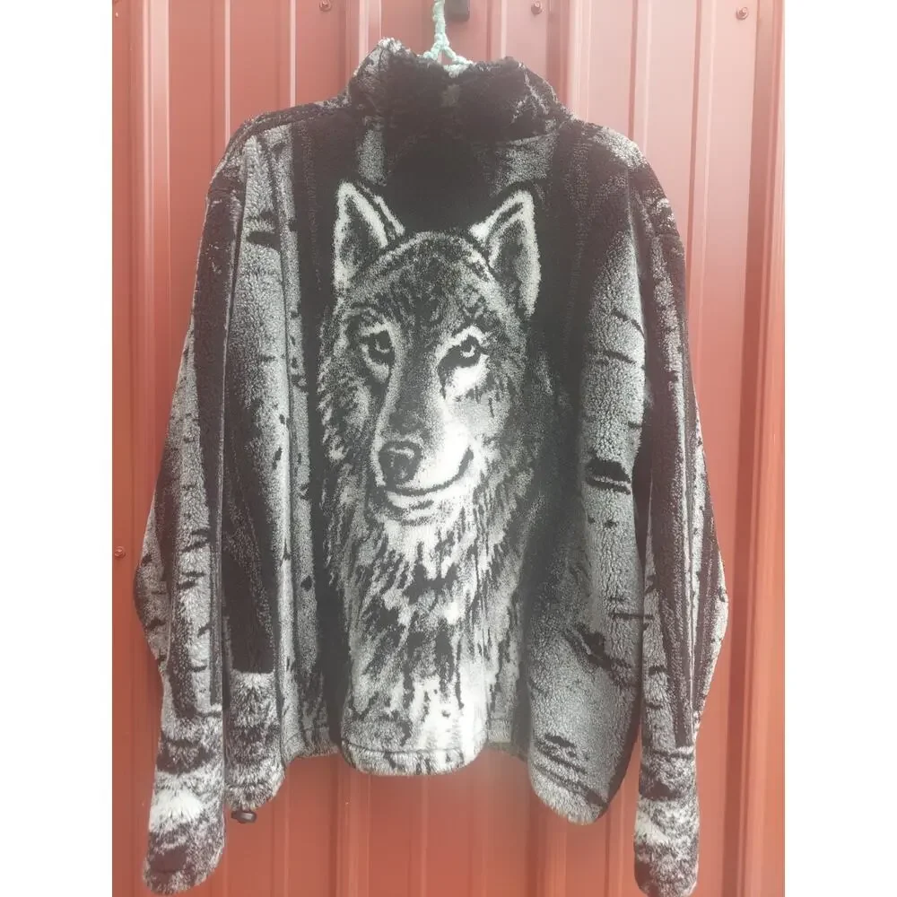 Black Mountain Wolf Fleece Jacket Black White vtg 90s Nature AOP Wolves USA L - Picture 6 of 7